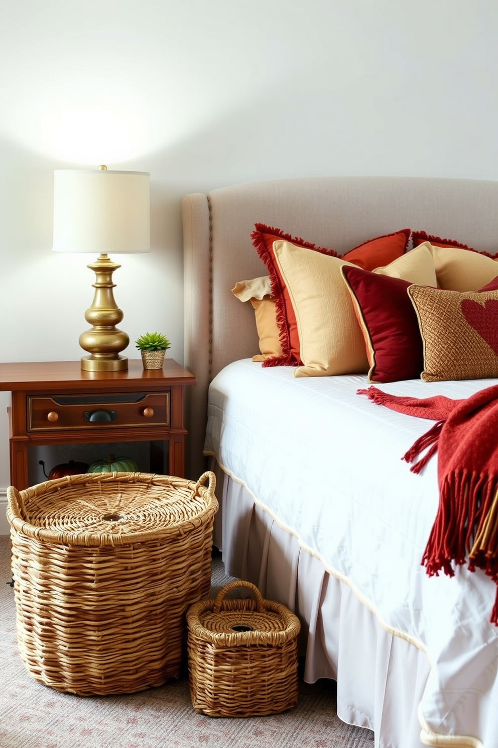 A cozy fall bedroom featuring woven baskets for seasonal storage solutions. The baskets are stylishly placed at the foot of the bed and next to a wooden nightstand. The bed is adorned with warm-toned blankets and decorative pillows in rich autumn colors. Soft lighting from a bedside lamp creates an inviting atmosphere, enhancing the seasonal decor.