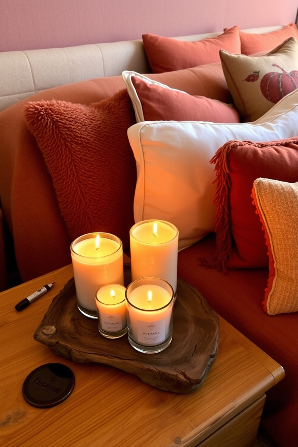 Candles in autumn scents are arranged on a rustic wooden bedside table, creating a warm and inviting atmosphere. The flickering candlelight casts a soft glow across the room, enhancing the cozy fall vibe. The bedroom features a rich palette of deep oranges and browns, with plush bedding that invites relaxation. Decorative throw pillows with autumn motifs complement the overall design, making the space feel seasonal and stylish.