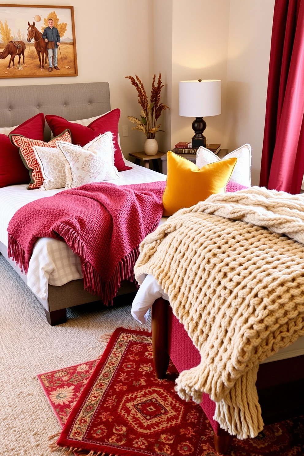 Layered rugs create a cozy atmosphere in a fall bedroom. The base rug is a soft neutral tone, while a smaller, patterned rug adds a pop of color and visual interest. Rich, warm colors dominate the decor, with deep reds, burnt oranges, and golden yellows. Plush throw pillows and a chunky knit blanket enhance the inviting feel of the space.