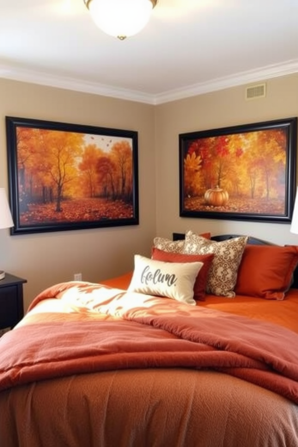 A cozy fall-themed bedroom featuring artwork on the walls that captures the essence of autumn with warm colors and nature-inspired motifs. The room is adorned with plush bedding in rich oranges and browns, complemented by decorative pillows that reflect the season's hues.