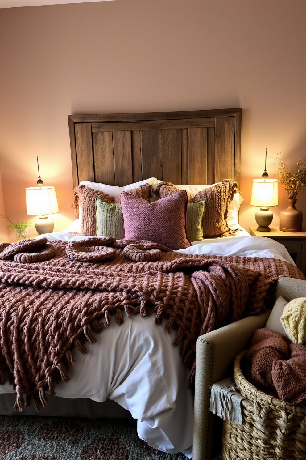 A cozy fall bedroom setting featuring a plush bed adorned with chunky knit blankets in warm earth tones. Soft, ambient lighting from bedside lamps creates a welcoming atmosphere, while a rustic wooden headboard adds character to the space. The walls are painted in a soft taupe color, complementing the rich textures of the blankets. A small seating area with a vintage armchair and a woven basket for extra throws completes the inviting fall aesthetic.