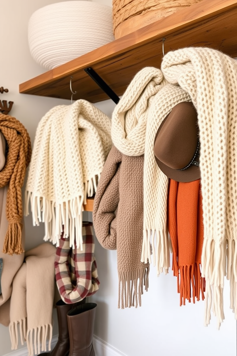 Cozy knit blankets are artfully draped over rustic wooden shelves, creating a warm and inviting atmosphere. The soft textures and neutral colors of the blankets complement the surrounding decor, enhancing the overall comfort of the space. Fall closet decorating ideas feature rich autumnal hues and seasonal accessories to bring a touch of warmth indoors. Thoughtfully arranged scarves, hats, and boots create an organized yet stylish display that reflects the beauty of the fall season.