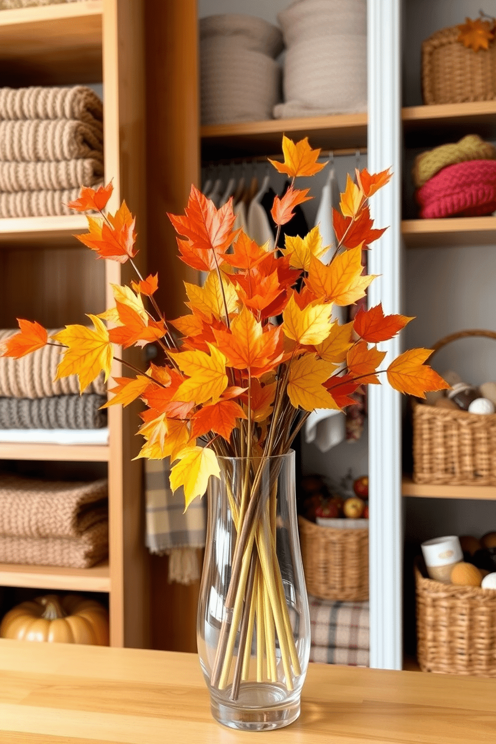 Colorful fall leaves in a vase. The vase is made of clear glass and filled with a variety of vibrant autumn leaves in shades of orange, red, and yellow. Fall closet decorating ideas. The closet features warm wood shelving and is adorned with cozy knit throws and decorative baskets filled with seasonal accessories.