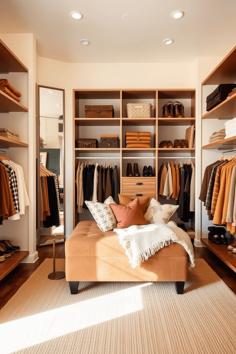 A bright and airy fall closet featuring mirrors strategically placed to enhance natural light. The walls are painted in a soft cream color, and the floor is covered with a warm, textured rug. Stylish wooden shelves hold neatly arranged seasonal clothing in rich autumn hues. A plush ottoman sits in the center, adorned with cozy throw blankets and decorative pillows.