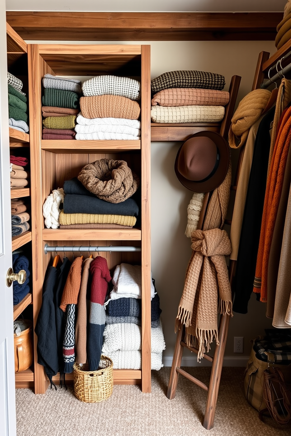 A cozy fall closet filled with wooden accents that evoke rustic charm. Shelves made of reclaimed wood display neatly folded sweaters and seasonal accessories. A vintage wooden ladder leans against the wall, adorned with cozy scarves and hats. Soft lighting highlights the rich textures of the wood and the warm colors of the fall wardrobe.