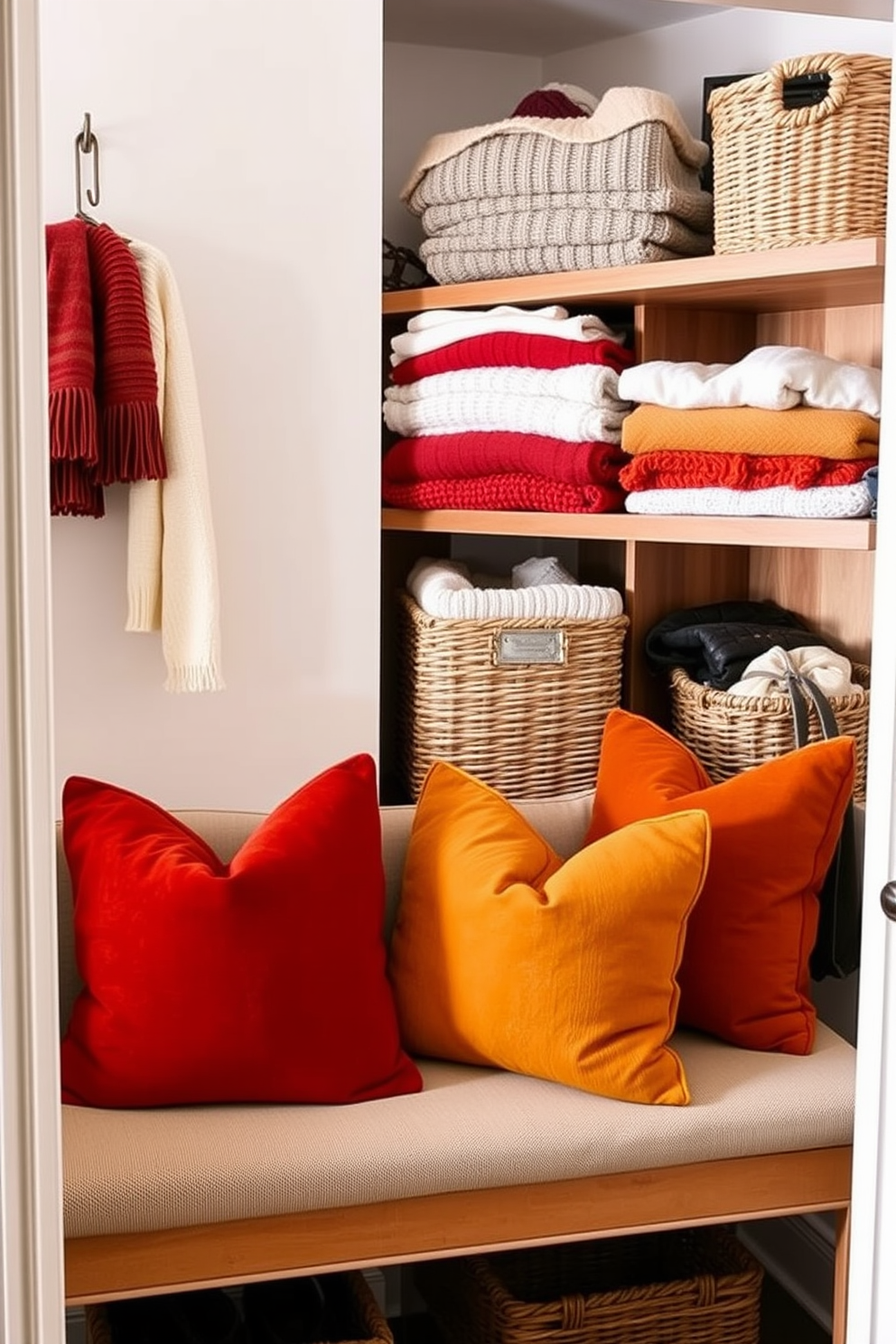 Seasonal throw pillows on benches. The pillows feature warm autumn colors like burnt orange, deep red, and mustard yellow, adding a cozy touch to the space. Fall closet decorating ideas. The closet is organized with wooden shelves displaying neatly folded sweaters and seasonal accessories, complemented by decorative baskets for added texture.