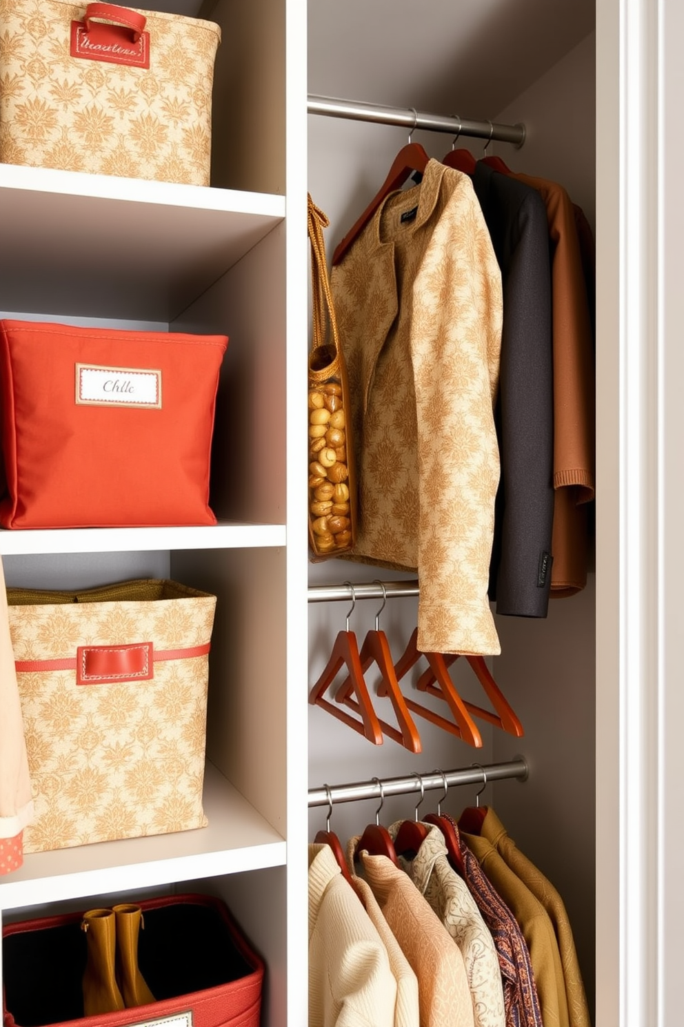 Chic storage bins in rich colors are arranged neatly on open shelving. The bins are made of durable fabric and feature elegant patterns that complement the overall decor. Fall closet decorating ideas include warm-toned hangers and seasonal accessories. Soft lighting enhances the cozy atmosphere, making the closet feel inviting and stylish.