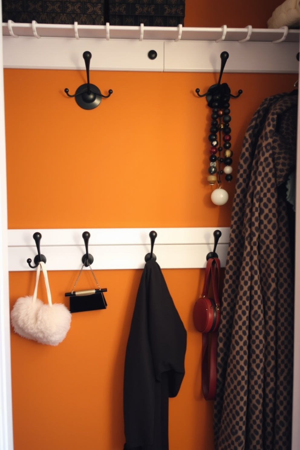 A chic fall closet featuring wall-mounted hooks for stylish accessories. The hooks are arranged in an artistic pattern against a backdrop of warm, earthy tones, creating a cozy and inviting atmosphere.