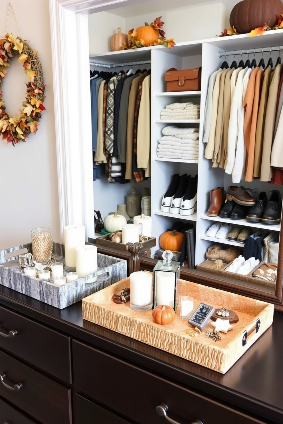 A collection of decorative trays arranged on a stylish dresser. Each tray features different textures and colors, showcasing small items like jewelry, candles, and personal mementos. A beautifully organized fall closet filled with warm-toned clothing and accessories. The shelves are adorned with pumpkins and autumn leaves, creating a cozy seasonal atmosphere.