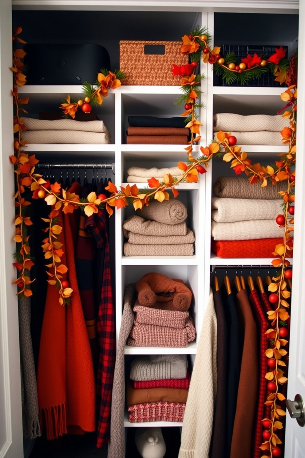 A cozy fall closet adorned with seasonal garlands draped gracefully across the shelves. The warm hues of orange, red, and gold create a festive atmosphere, complementing neatly organized sweaters and accessories.