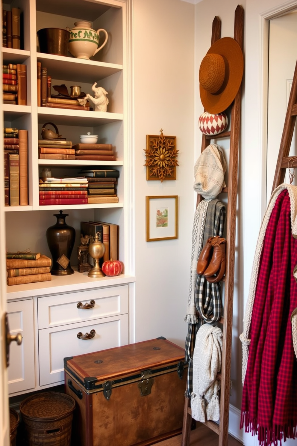 A cozy fall closet with vintage finds showcases an array of unique decor pieces. Shelves are lined with antique books, and a vintage trunk serves as a stylish storage solution. Soft, warm lighting highlights a collection of autumn-themed accessories. A decorative ladder leans against the wall, adorned with cozy scarves and hats for a charming seasonal touch.