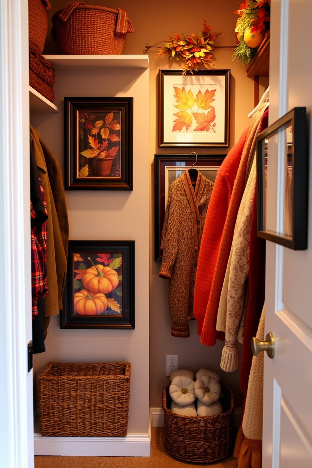 A cozy closet adorned with seasonal artwork that reflects the vibrant hues of fall. The walls are decorated with framed pieces featuring autumn leaves and pumpkins, creating a warm and inviting atmosphere.