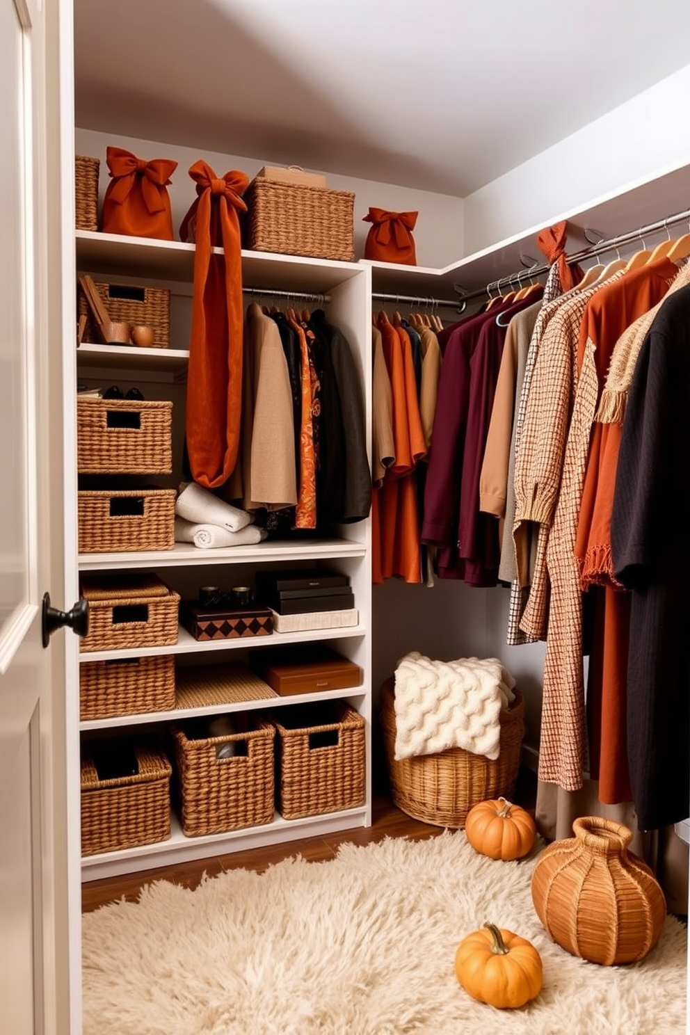 Create a cozy fall closet with warm, inviting curtains made of rich fabrics like velvet or linen. The curtains should be in earthy tones such as burnt orange or deep burgundy, complementing the seasonal theme. Incorporate stylish storage solutions like woven baskets and decorative boxes to keep the space organized. Add a plush area rug and some autumn-themed decor, such as small pumpkins or scented candles, to enhance the inviting atmosphere.