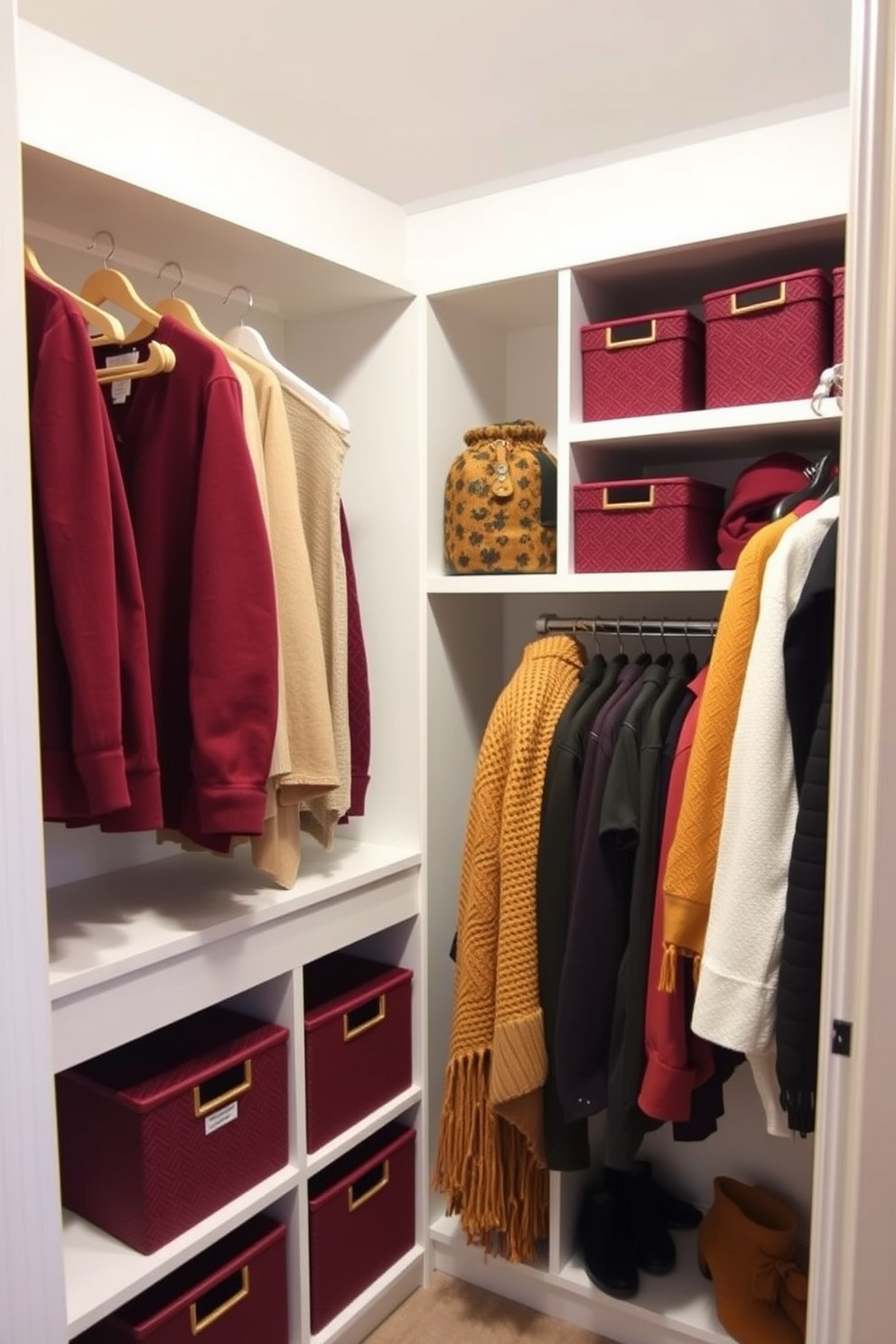 A stylish fall closet that showcases a coordinated color scheme featuring warm tones of burgundy, mustard, and deep green. The space is organized with matching hangers and decorative storage boxes that complement the seasonal palette. The closet includes a cozy knitted throw draped over a shelf, adding texture and warmth. Soft lighting enhances the inviting atmosphere, making it a perfect retreat for selecting outfits.