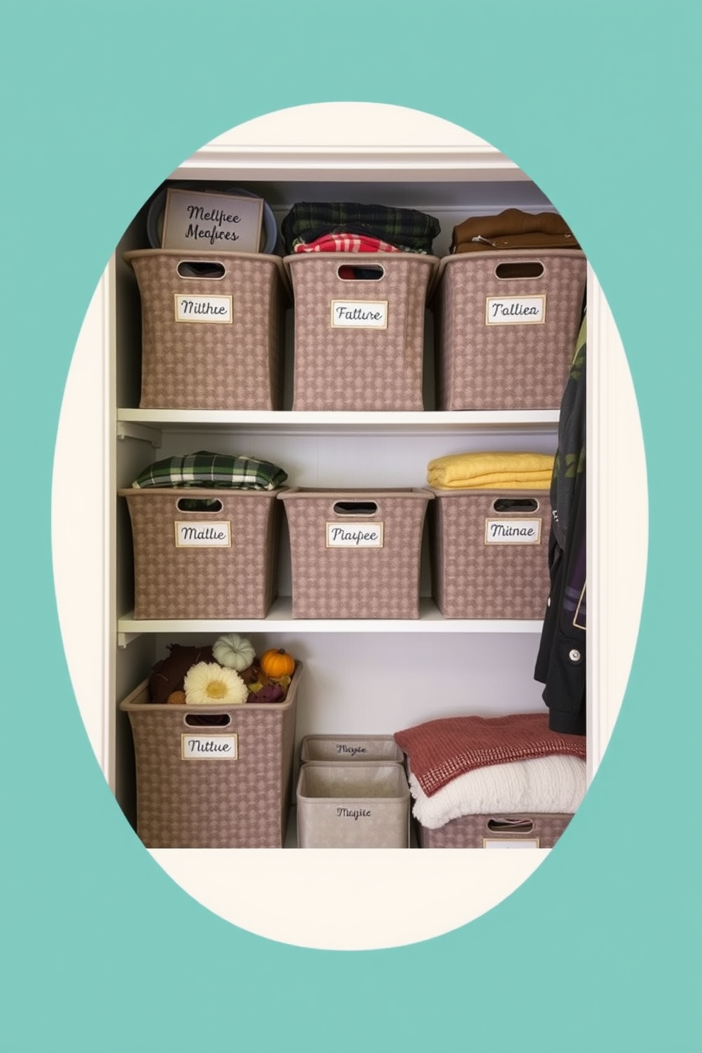 Personalized name tags on storage bins create a charming and organized look in any closet. Each bin is labeled with a unique name tag, enhancing both functionality and aesthetics. Fall closet decorating ideas incorporate warm colors and seasonal accents. Soft blankets and cozy textures are added to create an inviting atmosphere that reflects the beauty of autumn.