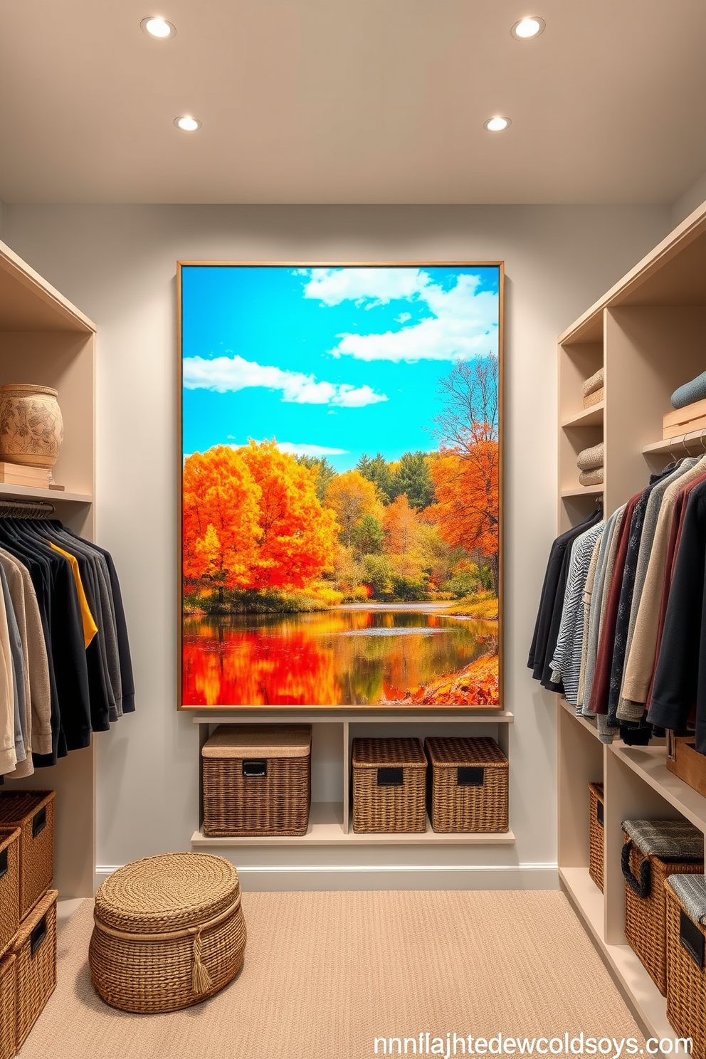 A stunning artwork display featuring vibrant autumn landscapes with trees adorned in shades of orange, red, and yellow. The scene captures the essence of fall with a tranquil lake reflecting the colorful foliage under a clear blue sky. For closet decorating ideas, envision a spacious walk-in closet with custom shelving and soft lighting. Elegant storage solutions include woven baskets and decorative boxes, creating a warm and inviting atmosphere for organizing seasonal clothing.