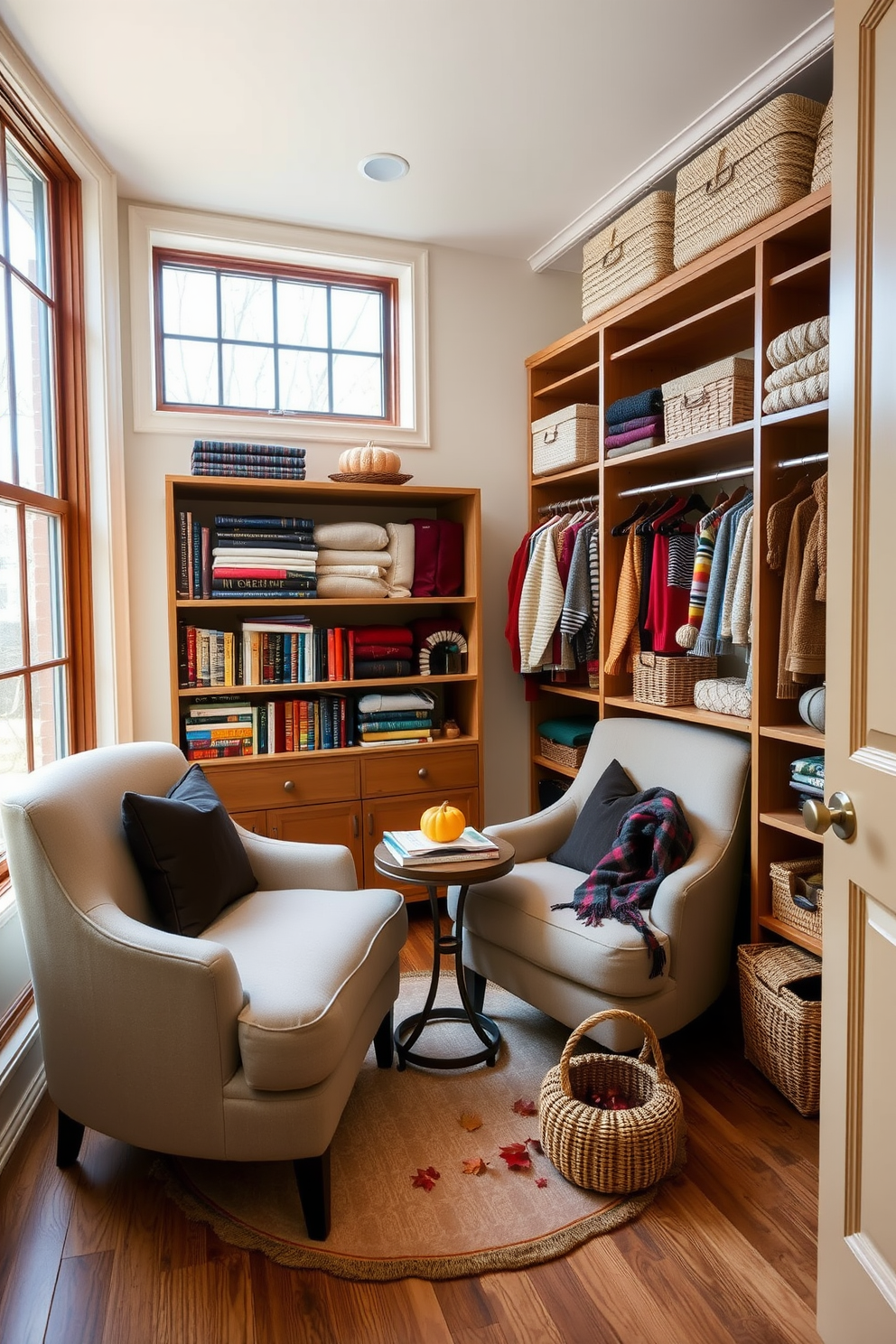 Cozy chairs for reading nook. A pair of plush armchairs upholstered in soft fabric are positioned near a large window, allowing natural light to flood the space. A small round side table sits between the chairs, adorned with a stack of books and a warm cup of tea. A soft area rug anchors the seating area, while a tall bookshelf filled with colorful novels lines the wall. Fall closet decorating ideas. The closet features wooden shelving painted in a warm cream tone, showcasing neatly folded sweaters and seasonal accessories. Decorative baskets are used to organize scarves and hats, while a small pumpkin and autumn leaves add a seasonal touch to the decor.