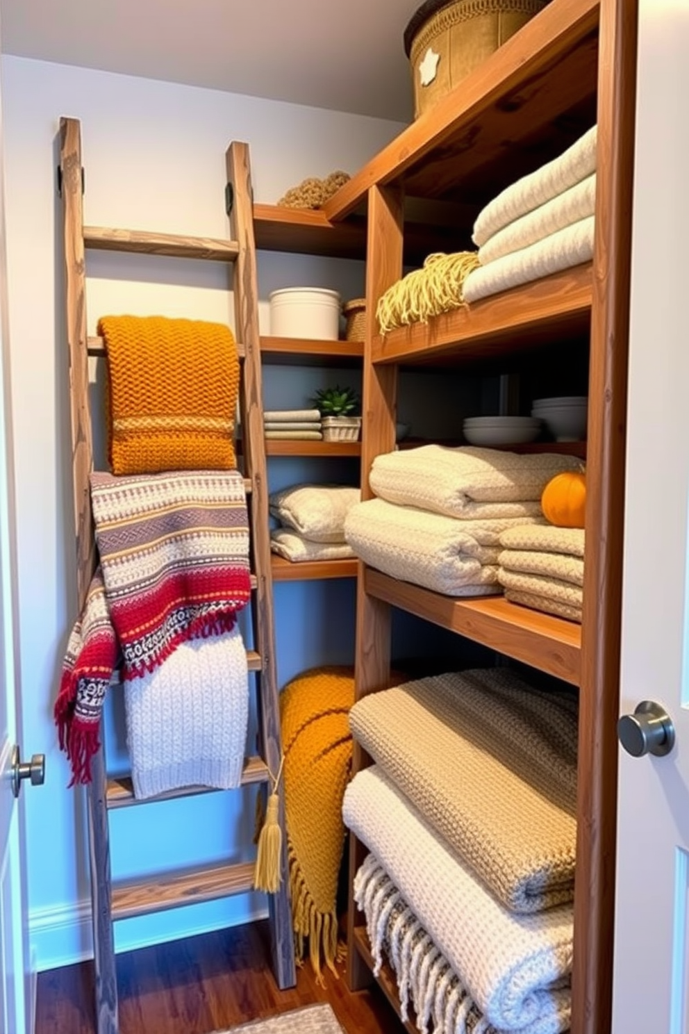 A cozy fall closet featuring decorative ladders for blanket storage. The ladders are made of reclaimed wood and lean against the wall, adorned with colorful knitted throws in warm autumn hues. The closet has a rustic charm with wooden shelves filled with seasonal decor and neatly folded blankets. Soft lighting illuminates the space, creating an inviting atmosphere perfect for the fall season.