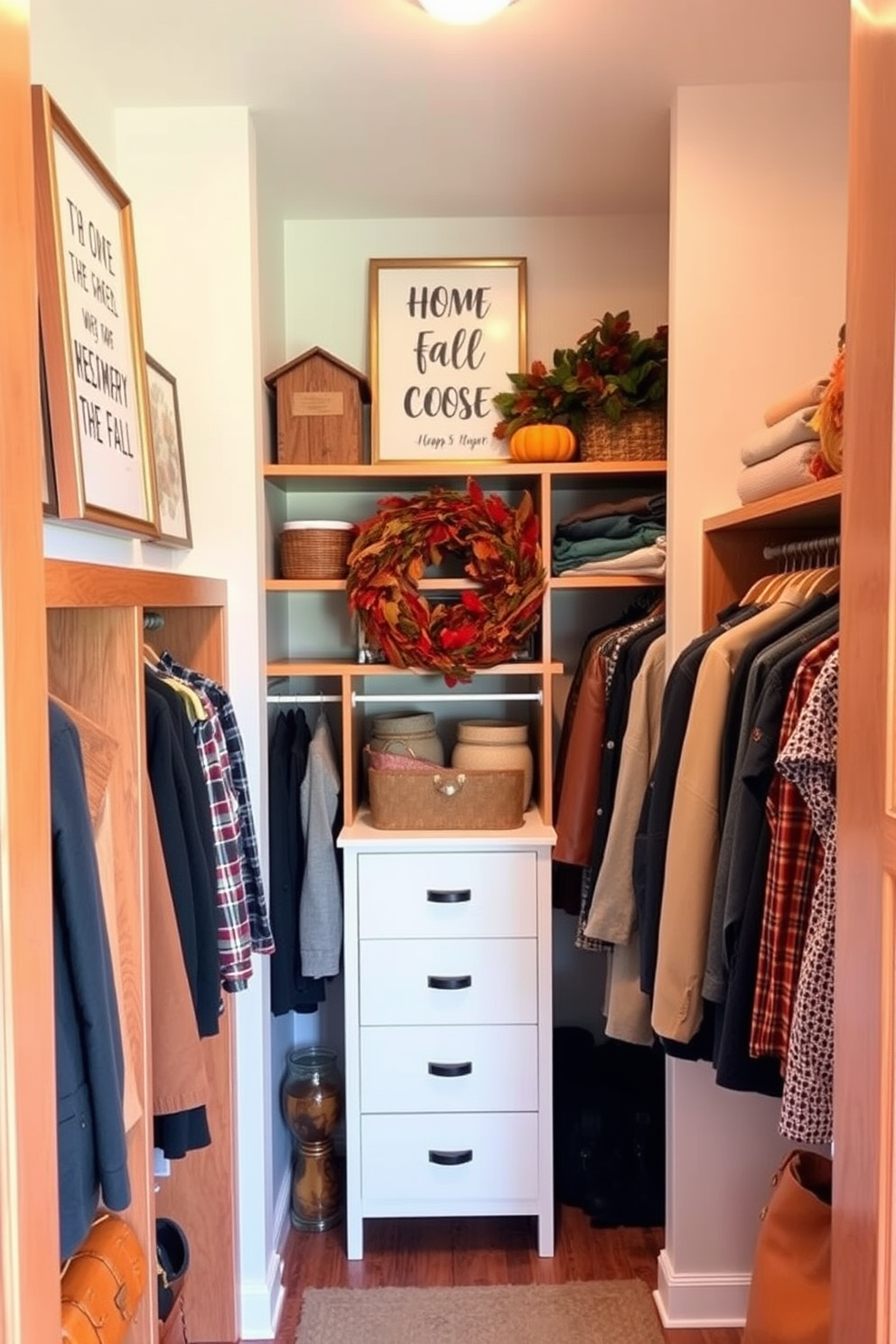 A cozy fall closet adorned with seasonal quotes framed on the walls. The closet features warm wood shelving and soft lighting that highlights the rich tones of autumn-inspired decor.