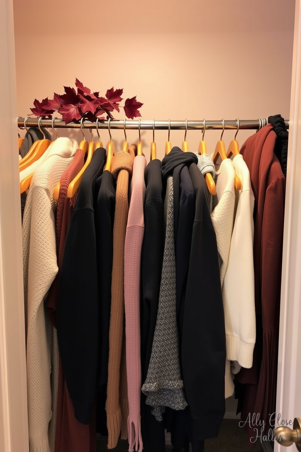 A cozy fall closet filled with warm-toned hangers displaying a curated selection of sweaters and scarves. Soft lighting highlights the rich colors of the clothing, creating an inviting atmosphere that encourages seasonal layering.