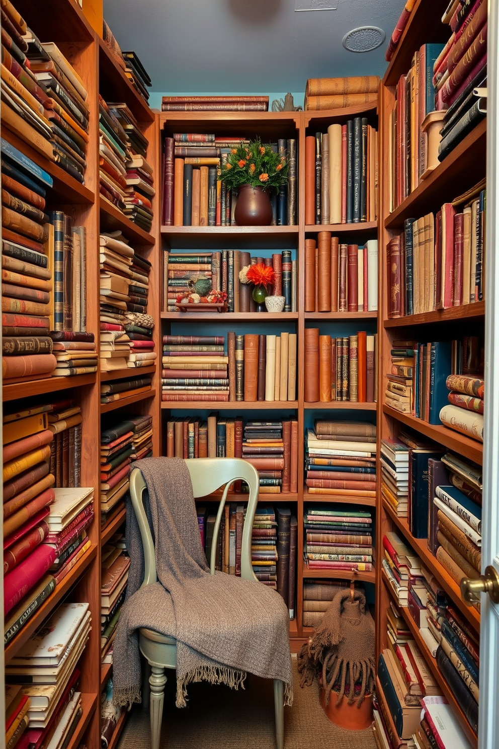 A cozy closet filled with old books stacked artistically on wooden shelves. The warm tones of the books contrast beautifully with the soft autumn colors of the decor, creating a welcoming and stylish atmosphere. Richly textured throws and seasonal decorations are thoughtfully arranged among the books. A small vintage chair sits in the corner, inviting you to sit and enjoy the charm of this fall-inspired closet space.