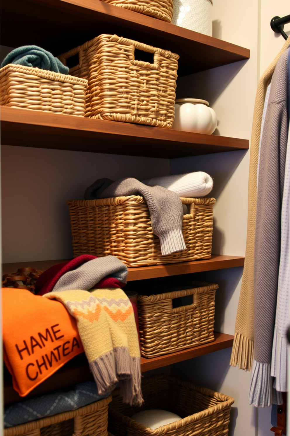 Create a cozy fall closet scene featuring decorative baskets for storage organization. The baskets are woven in earthy tones and neatly arranged on wooden shelves, enhancing the warm autumn ambiance. In the closet, soft lighting casts a gentle glow on the seasonal decor. A few colorful scarves and cozy sweaters peek out from the baskets, inviting a sense of comfort and style.