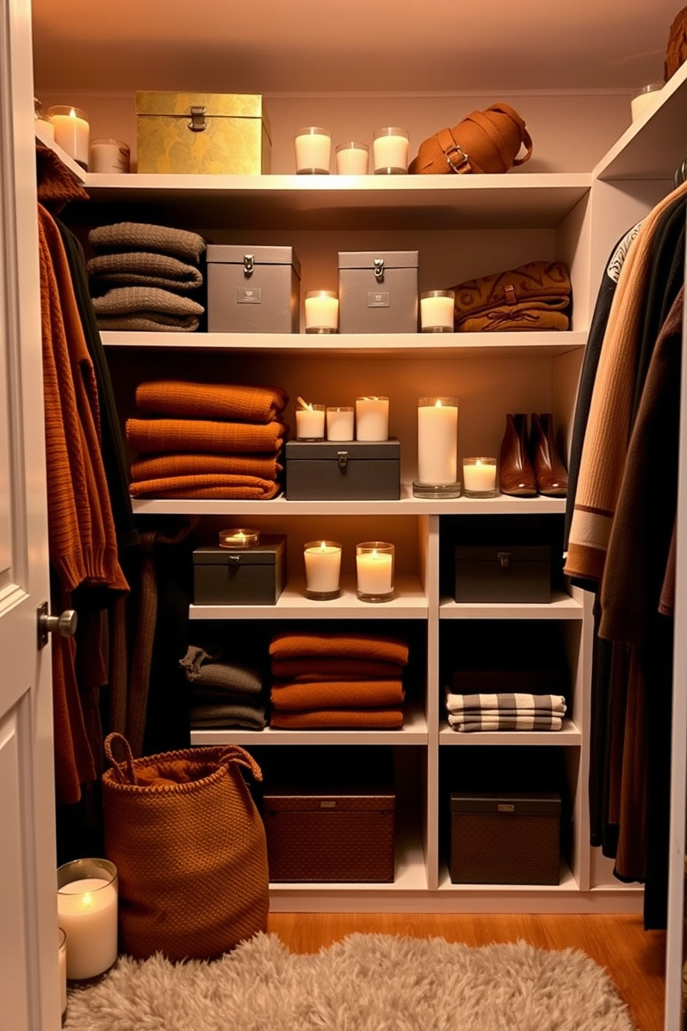 A cozy fall closet filled with autumn-scented candles creating a warm and inviting ambiance. The shelves are adorned with neatly folded sweaters in rich earth tones and decorative boxes for storage. Soft lighting highlights the candles, casting a gentle glow across the space. A plush rug lays underfoot, adding comfort and texture to the overall design.