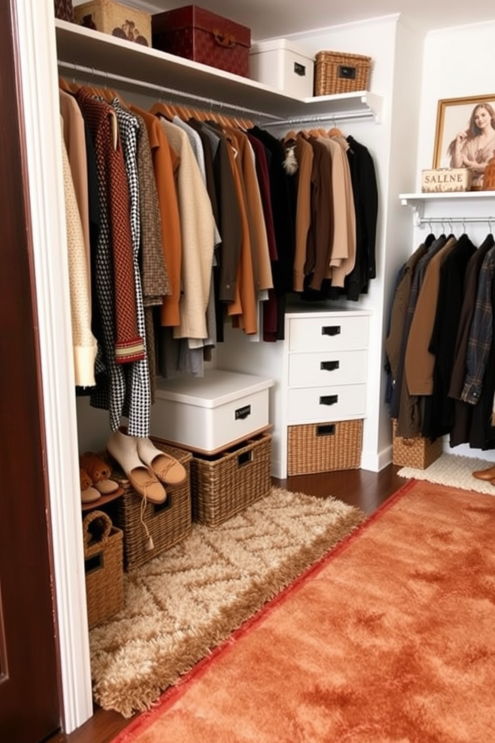 A cozy fall closet featuring layered rugs that add warmth and texture to the space. The closet is organized with seasonal clothing displayed, complemented by decorative storage boxes and a soft, inviting color palette. The layered rugs create a comfortable atmosphere, inviting you to spend time selecting outfits. Soft textures and rich autumn hues enhance the overall aesthetic, making the closet feel like a stylish retreat.