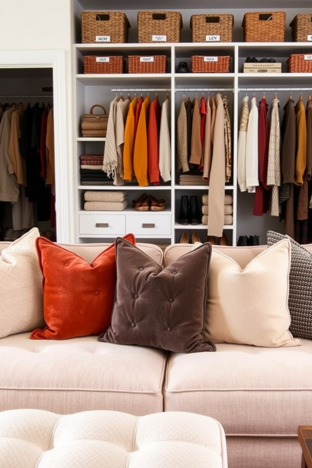 Textured pillows in various colors and patterns are artfully arranged on a plush sofa, creating a cozy and inviting atmosphere. The seating area features a mix of soft fabrics, including velvet and linen, enhancing the overall comfort and style. A beautifully organized fall closet showcases seasonal clothing in warm hues, with neatly arranged shelves displaying accessories and shoes. Decorative baskets and labels add a touch of charm, making the space both functional and aesthetically pleasing.