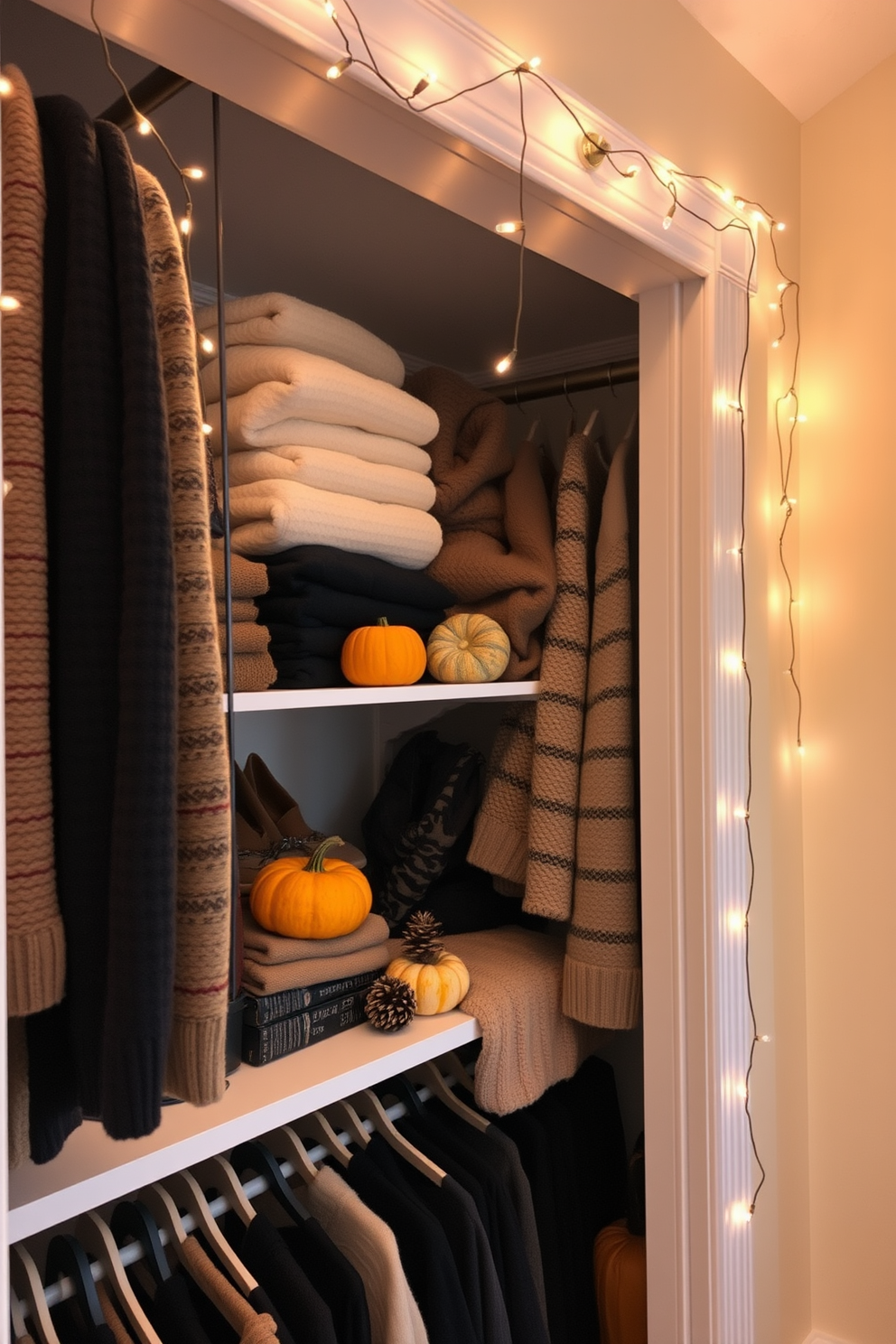 A cozy fall closet filled with warm hues and seasonal accents. Soft string lights drape elegantly along the shelves, casting a gentle glow on neatly organized sweaters and accessories. Natural elements like small pumpkins and pinecones are artfully arranged among the clothing. The walls are painted a soft cream, enhancing the inviting atmosphere of the space.