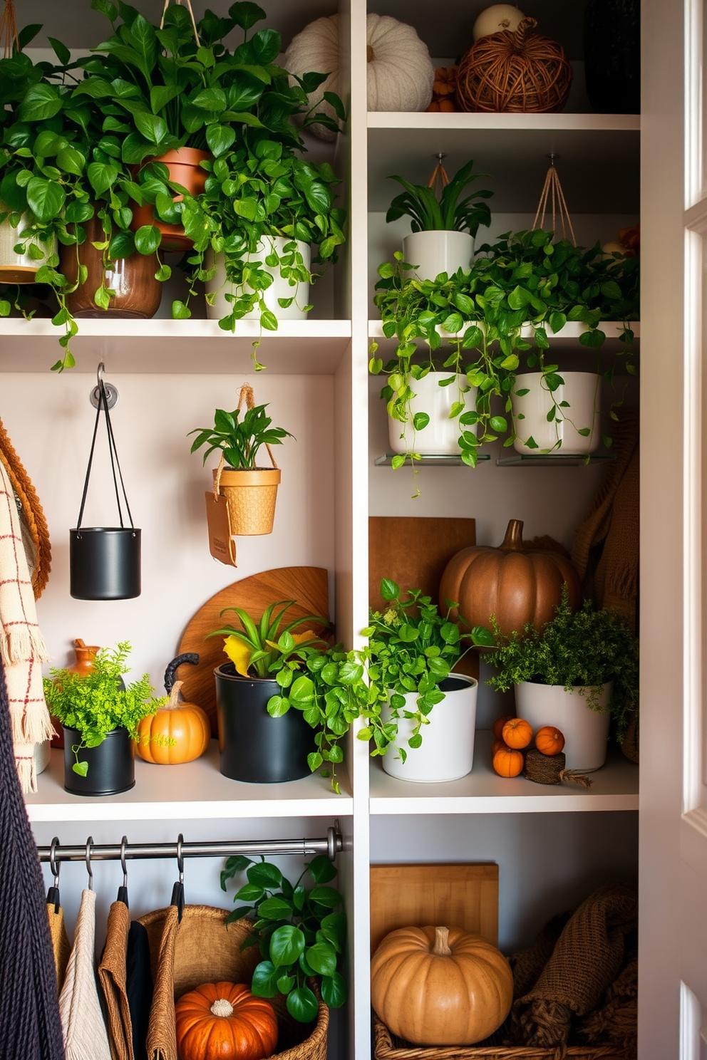 A cozy fall closet filled with stylish hanging plants. The shelves are adorned with various planters showcasing vibrant greens, creating a refreshing atmosphere. Soft, warm lighting highlights the rich textures of the fall-themed decor. Earthy tones and seasonal accessories complement the natural elements, making the space inviting and organized.