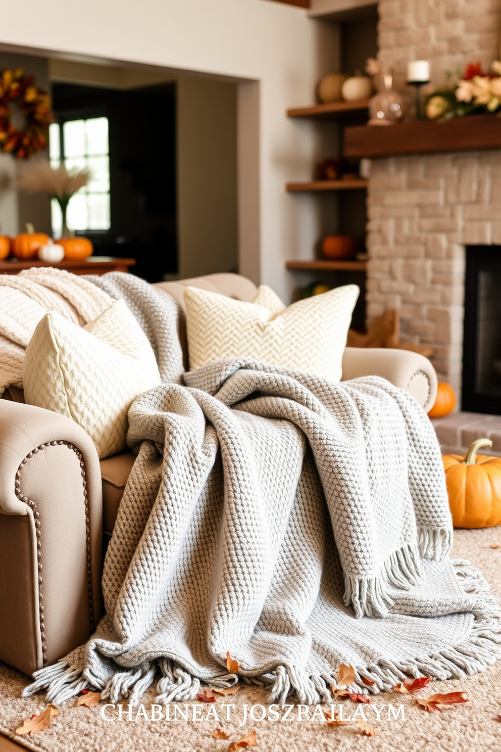 Cozy throw blankets are draped over a plush sofa in a warm living room. The space is adorned with autumn-themed decorations, including pumpkins and fallen leaves, creating a welcoming atmosphere for the fall season.