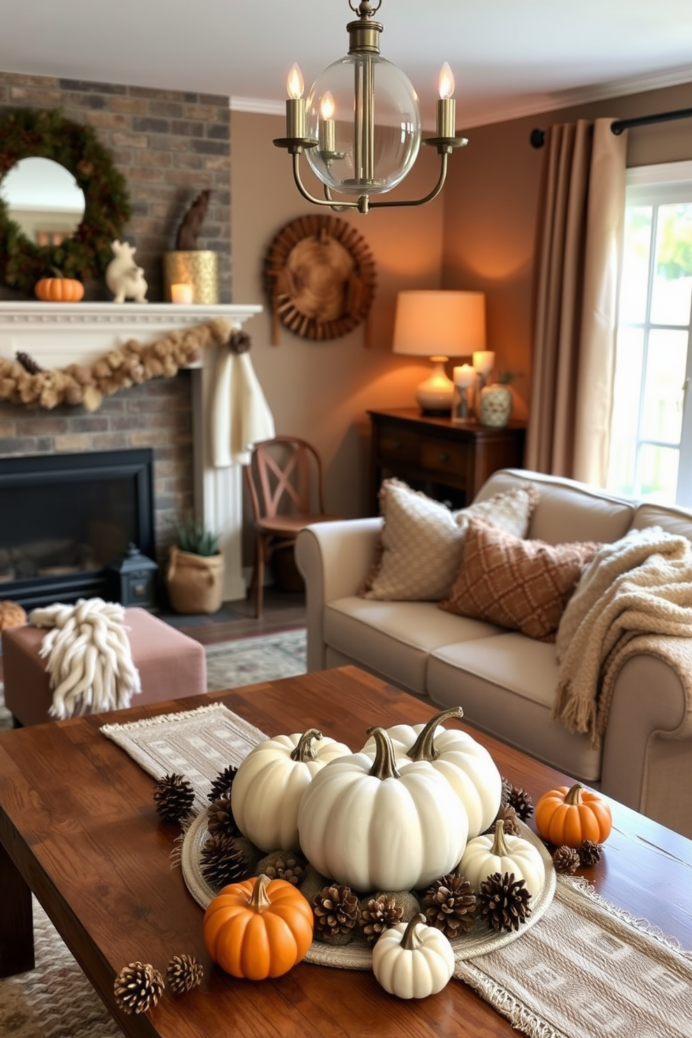 A cozy living room adorned with fall decorations. Pine cones are scattered on the coffee table and mantel, adding a rustic touch to the warm ambiance. Soft, plush throw blankets in earthy tones drape over the sofa. A centerpiece of pumpkins and candles sits on the dining table, enhancing the seasonal charm.