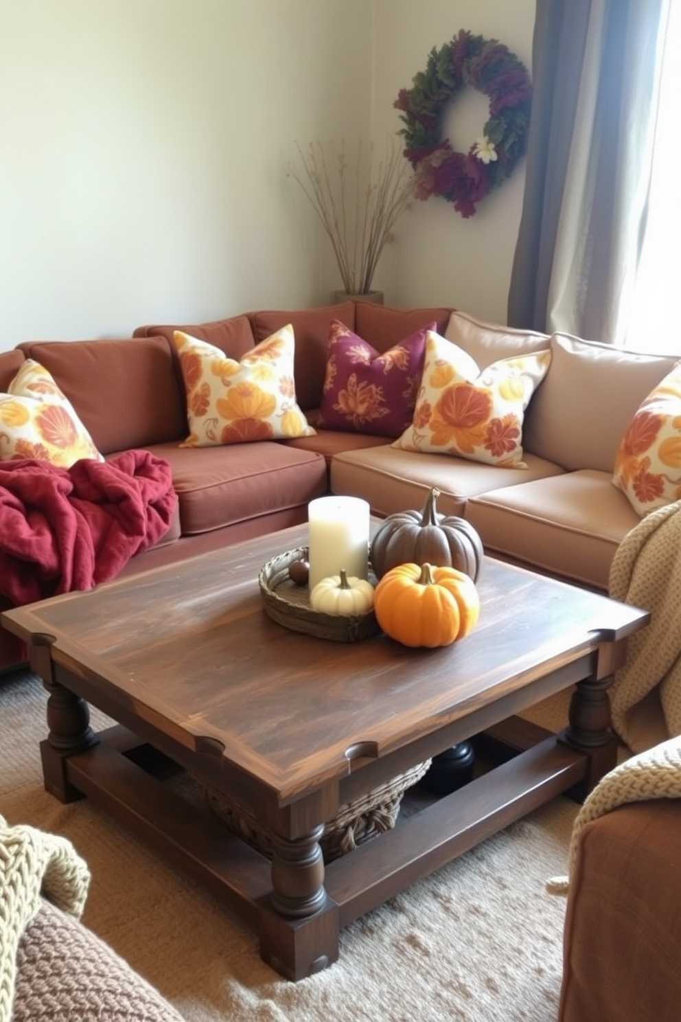 Soft pillows with fall patterns adorn a cozy living room sofa, bringing warmth and seasonal charm to the space. The rich colors of orange, yellow, and burgundy create a welcoming atmosphere, inviting relaxation and comfort. A rustic coffee table is topped with a few carefully arranged pumpkins and a scented candle, enhancing the autumnal theme. Surrounding the table, warm throws and textured blankets add layers of coziness, perfect for chilly evenings.