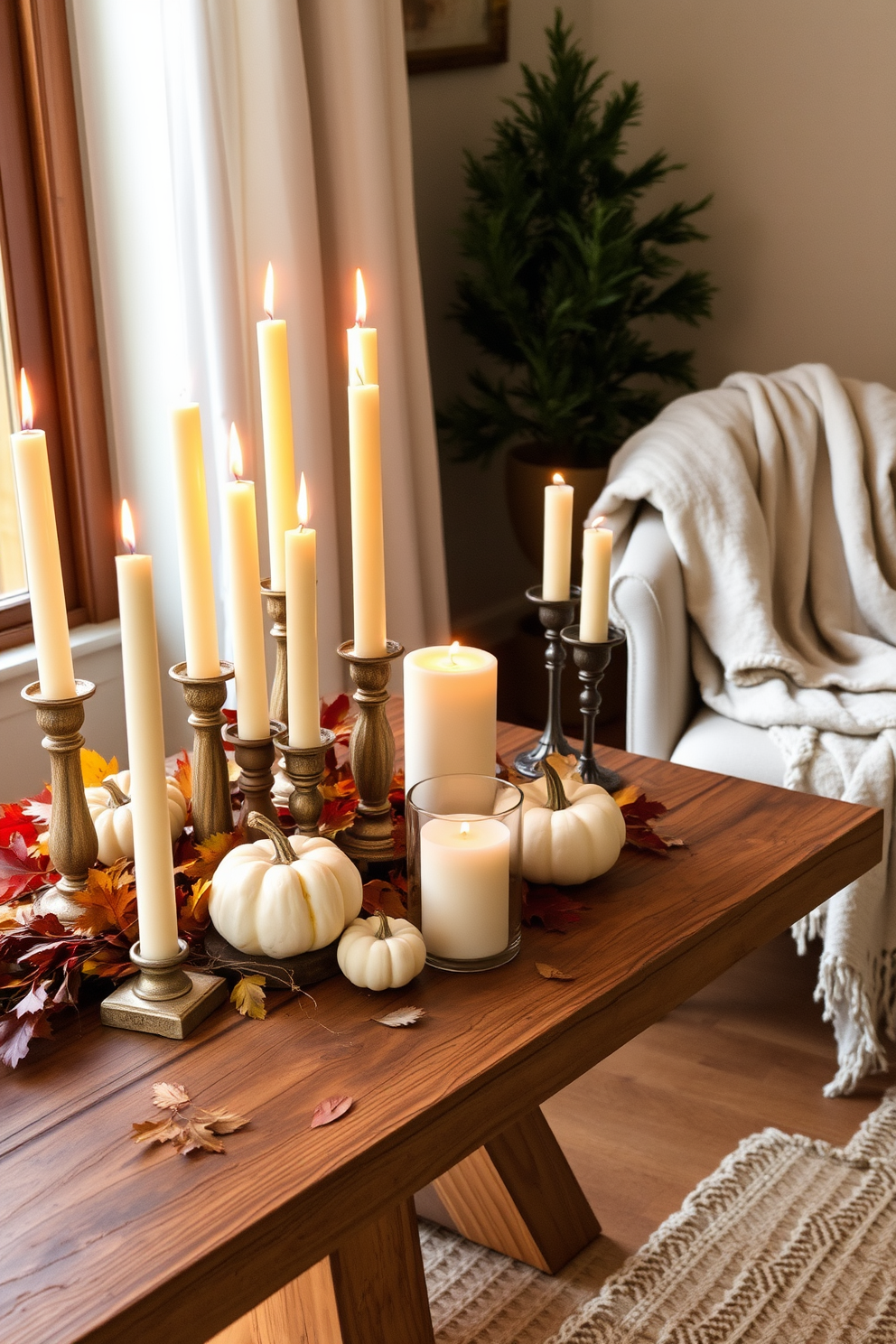 A collection of candles in varying heights creates a dramatic focal point. Arrange them on a rustic wooden table surrounded by autumn leaves and small pumpkins for a cozy fall ambiance. Incorporate warm-toned candle holders to enhance the seasonal theme. Add a soft throw blanket on a nearby chair to invite comfort and relaxation into the space.