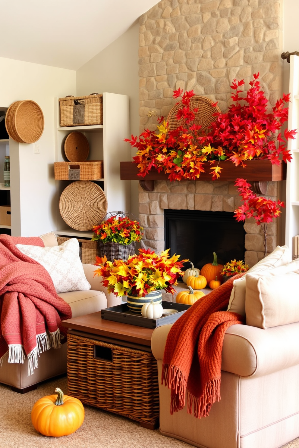 A cozy living room adorned with natural fiber baskets for storage. The baskets are strategically placed around the room, adding warmth and texture to the space. Brightly colored autumn leaves and pumpkins create a festive atmosphere. Soft, plush throws in rich earth tones are draped over the furniture, enhancing the fall decorating theme.