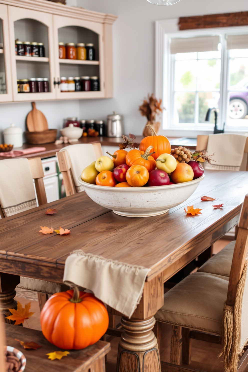 A cozy kitchen scene adorned with seasonal fruit bowls. A rustic wooden table is set with a large bowl filled with vibrant autumn fruits like apples, pears, and pumpkins, creating a warm and inviting atmosphere. Surrounding the table, soft, neutral-toned linens and a few scattered leaves enhance the fall theme. The backdrop features open shelving displaying jars of preserves and spices, adding to the homey feel of the space.