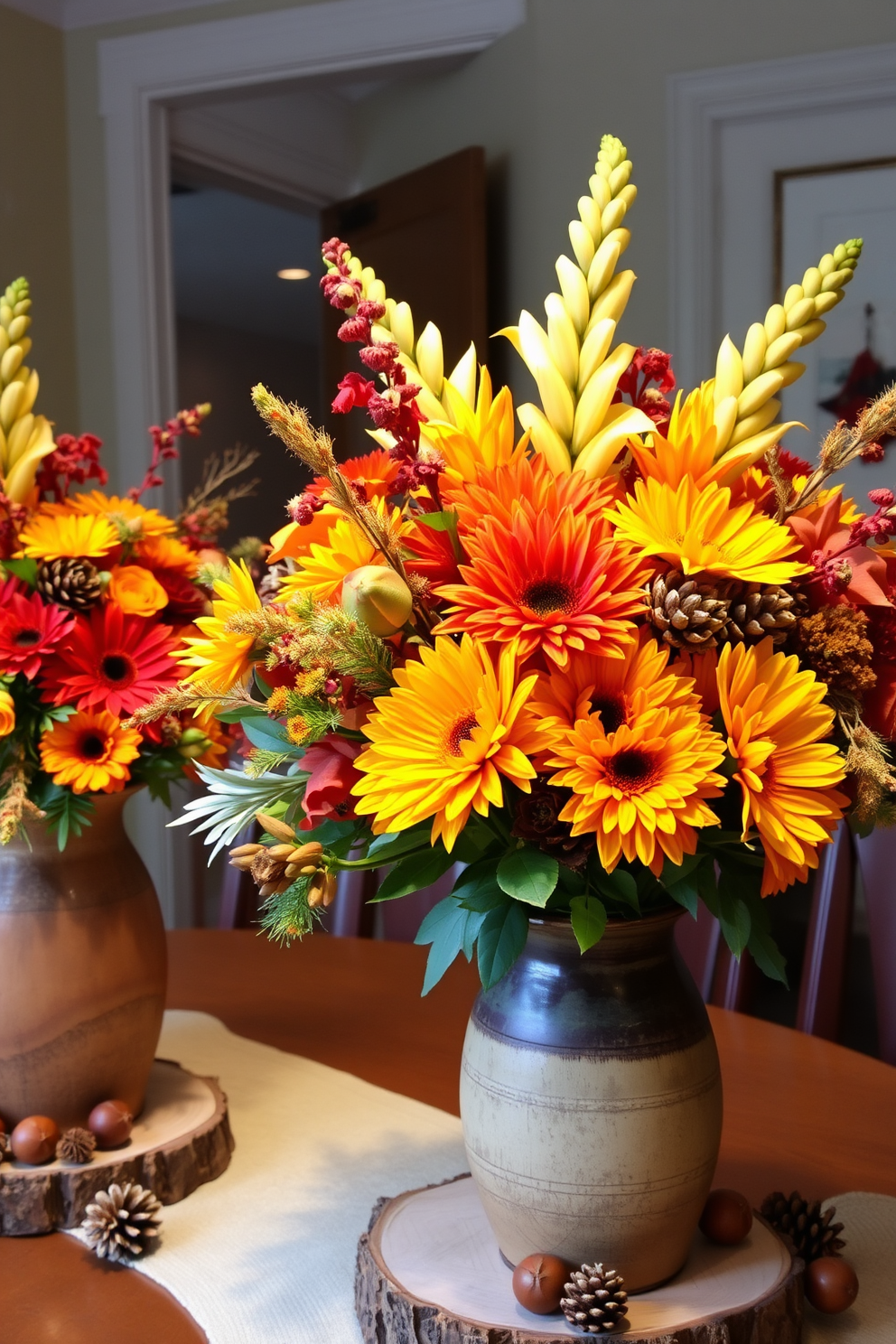 Floral arrangements featuring rich autumn blooms in warm hues of orange, red, and yellow create a cozy atmosphere. The arrangements are artfully displayed in rustic vases made of wood and ceramic, enhancing the seasonal theme. Incorporate natural elements like pinecones and acorns around the base of the arrangements for added texture. Soft, ambient lighting highlights the vibrant colors of the flowers, creating an inviting and festive ambiance.