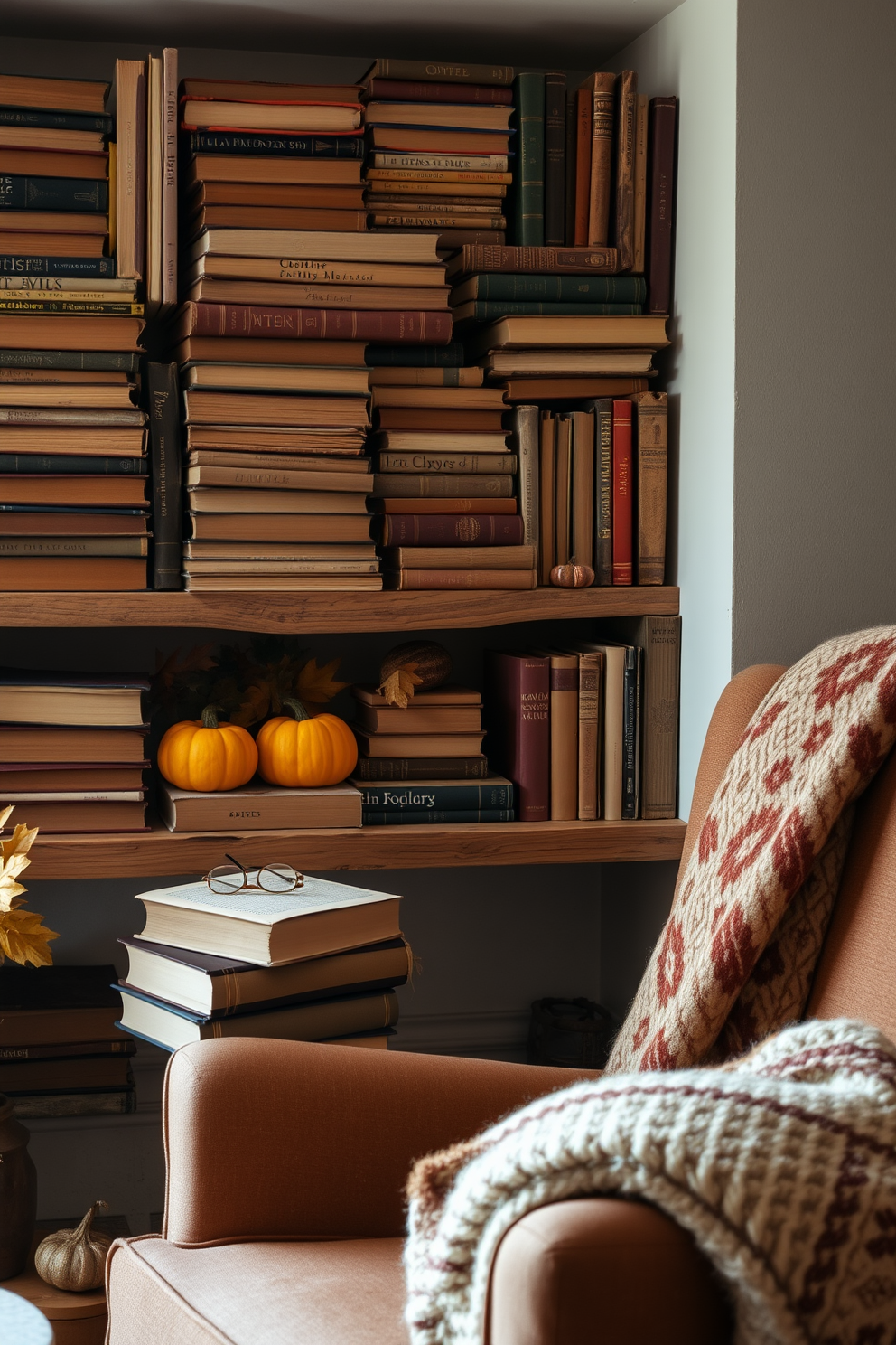 A cozy reading nook filled with vintage books stacked artfully on a reclaimed wooden shelf. Soft, warm lighting illuminates the space, enhancing the charm of the well-worn pages and rich, earthy tones. Autumn-inspired decor accents the area, featuring small pumpkins and dried leaves artfully arranged around the books. A plush, patterned throw blanket drapes over a nearby armchair, inviting relaxation and seasonal warmth.