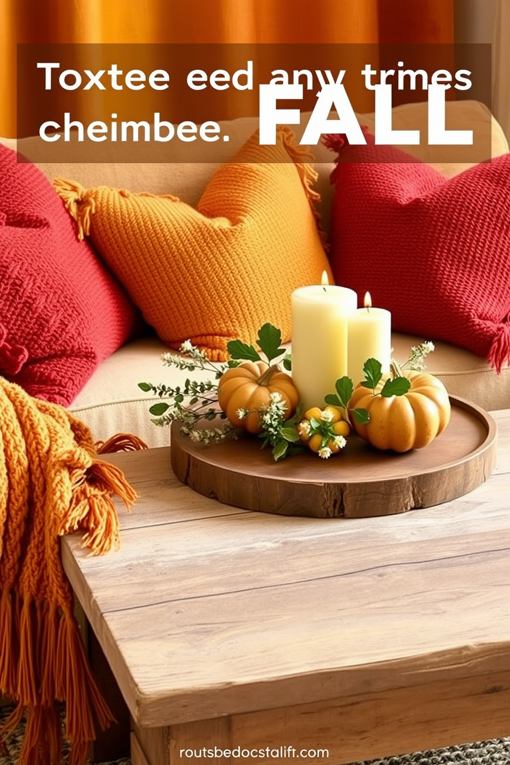 Textured fabrics in warm hues create a cozy and inviting atmosphere for fall. Rich tones of burnt orange, deep reds, and golden yellows are layered throughout the space, enhancing the seasonal aesthetic. Plush throw pillows adorn a soft sofa, while a knitted blanket drapes over the armrest. A rustic wooden coffee table displays a centerpiece of seasonal gourds and candles, adding warmth to the overall design.