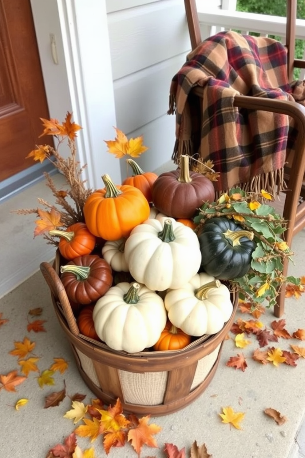 A warm and inviting fall display featuring a mix of colorful gourds and traditional pumpkins arranged in a rustic wooden basket. The backdrop includes a cozy porch with autumn leaves scattered on the ground and a soft plaid blanket draped over a nearby chair.