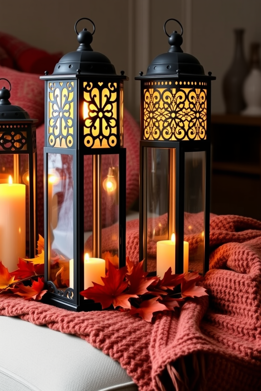 Charming lanterns illuminate a cozy living space, casting a warm glow that enhances the autumn atmosphere. The lanterns are adorned with intricate designs and filled with flickering candles, creating an inviting ambiance. Fall decorating ideas include a mix of vibrant orange and deep red leaves, artfully arranged around the lanterns. Plush throw blankets in earthy tones complement the seasonal decor, adding comfort and style to the setting.