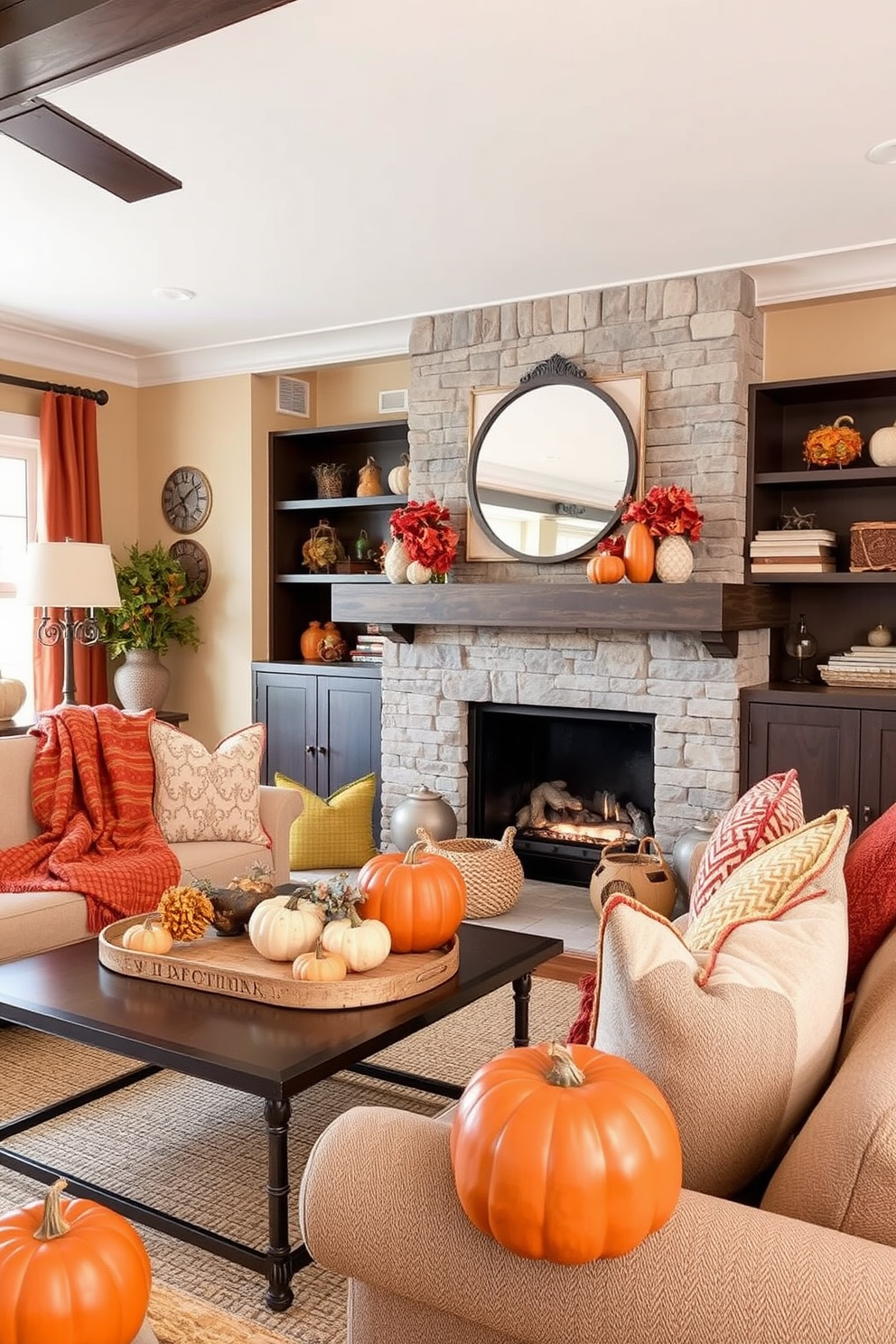 Warm autumn colors in decor accents create a cozy and inviting atmosphere. Rich hues of orange, red, and gold are complemented by natural textures like wood and woven fabrics. Layered throws and cushions in warm shades add comfort to seating areas. Decorative elements such as pumpkins and gourds enhance the seasonal theme throughout the space.