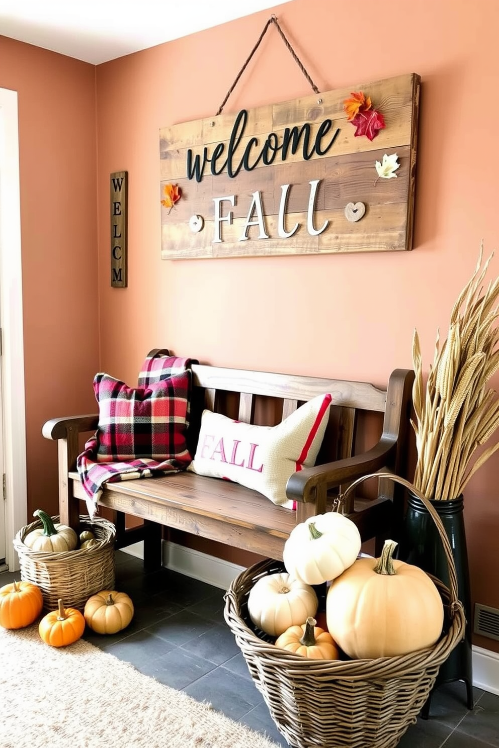 A charming entryway adorned with seasonal decorative signs celebrating fall. The space features a rustic wooden bench with a cozy plaid throw and a collection of pumpkins in various sizes arranged nearby. Above the bench, a welcome sign made of reclaimed wood hangs, embellished with autumn leaves. The walls are painted in warm earth tones, and a woven basket filled with dried cornstalks adds a touch of seasonal flair.