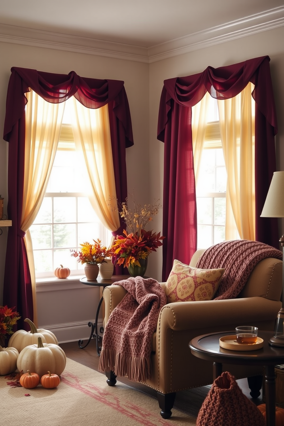 A cozy living room adorned with layered curtains that softly frame the windows. The curtains feature a rich burgundy outer layer and a lighter cream inner layer, creating a warm and inviting atmosphere. Autumn accents are scattered throughout the space, including decorative pumpkins and vibrant foliage arrangements. A plush, knitted throw blanket drapes over a comfortable armchair, enhancing the seasonal charm.