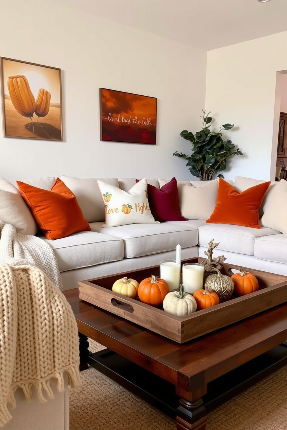 A cozy living room adorned in neutral tones creates a warm and inviting atmosphere. Accents of burnt orange and deep burgundy in the throw pillows and artwork add vibrant pops of color, celebrating the essence of fall. The coffee table is adorned with a rustic wooden tray, holding a collection of small pumpkins and candles. A soft knit blanket drapes over the arm of the sofa, inviting relaxation and comfort during the cooler months.