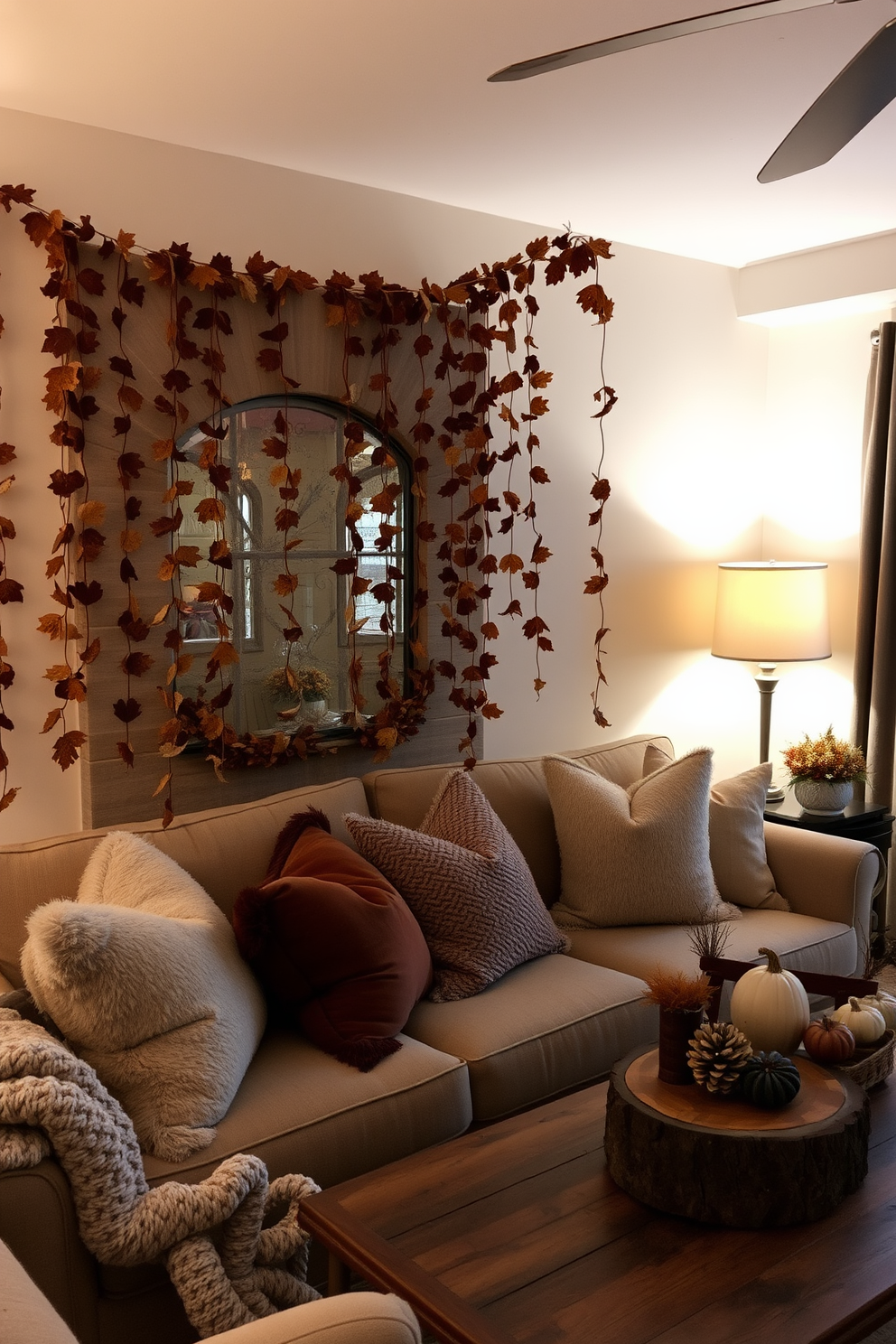 A cozy living room adorned with hanging garlands of dried leaves creates a warm and inviting atmosphere. Soft lighting illuminates the space, highlighting the rich autumn colors of the leaves against a backdrop of neutral-toned walls. Plush throw pillows in earthy hues are scattered across a comfortable sofa, inviting relaxation. A rustic coffee table, topped with seasonal decor, complements the overall fall theme beautifully.