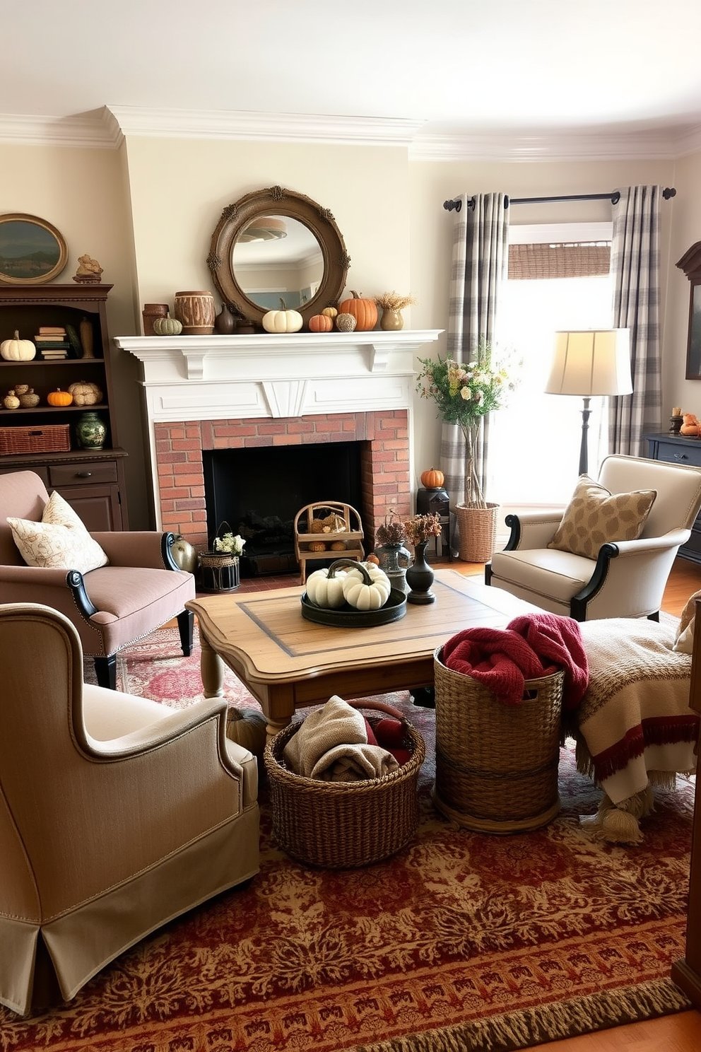 A cozy living room adorned with vintage finds that add unique character. An antique coffee table sits in the center, surrounded by mismatched armchairs and a plush, patterned rug. Rich autumn colors fill the space with warmth and comfort. Pumpkins of various sizes are artfully arranged on the mantel, and a woven basket filled with cozy blankets invites relaxation.