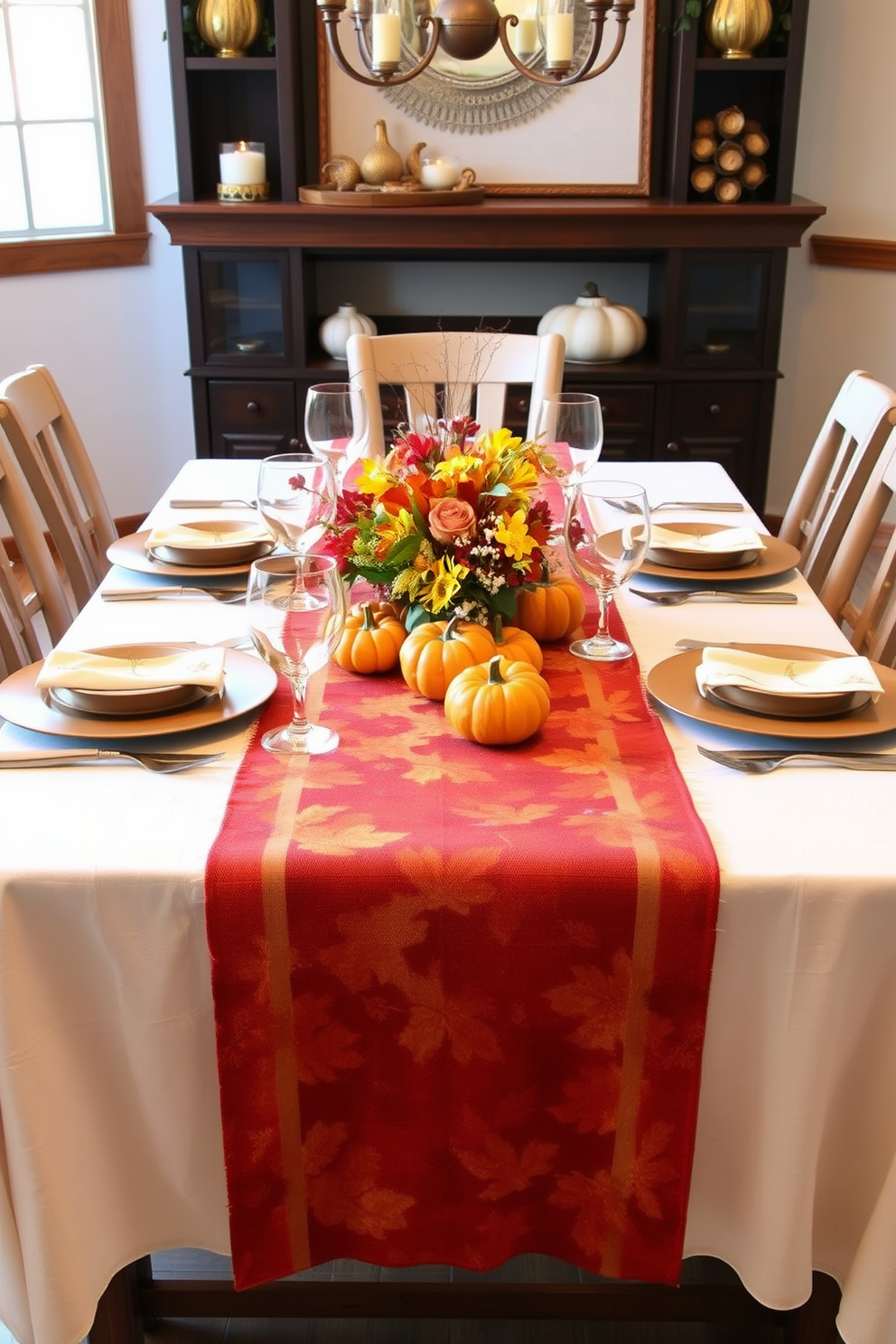 A beautifully set dining table adorned with a fall-themed table runner featuring rich autumn colors like deep orange and golden yellow. The table is decorated with small pumpkins and a centerpiece of seasonal flowers, creating a warm and inviting atmosphere for gatherings. The runner cascades elegantly down the center of the table, complementing rustic wooden dishes and elegant glassware. Soft candlelight flickers from lanterns placed strategically along the table, enhancing the cozy fall ambiance.