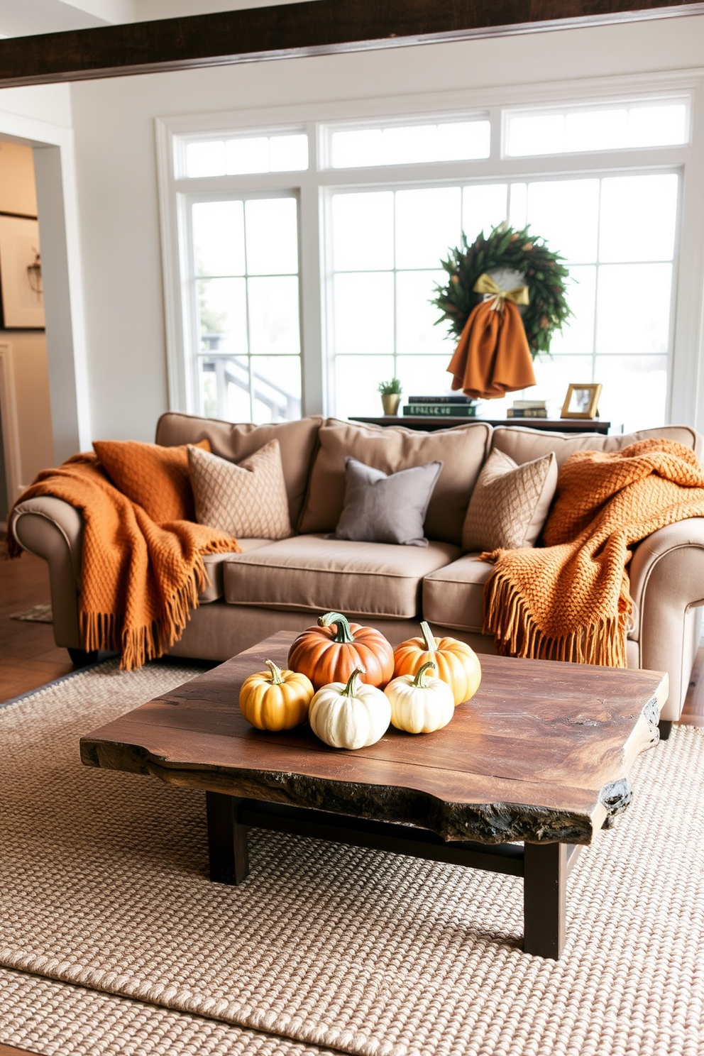 A cozy living room featuring a plush sofa adorned with warm, textured throws in autumn colors. The space is illuminated by soft, ambient lighting, creating an inviting atmosphere for relaxation. Decorative pumpkins and gourds are artfully arranged on a rustic coffee table, adding seasonal charm. A rich, woven area rug anchors the seating area, enhancing the warmth of the fall decor.